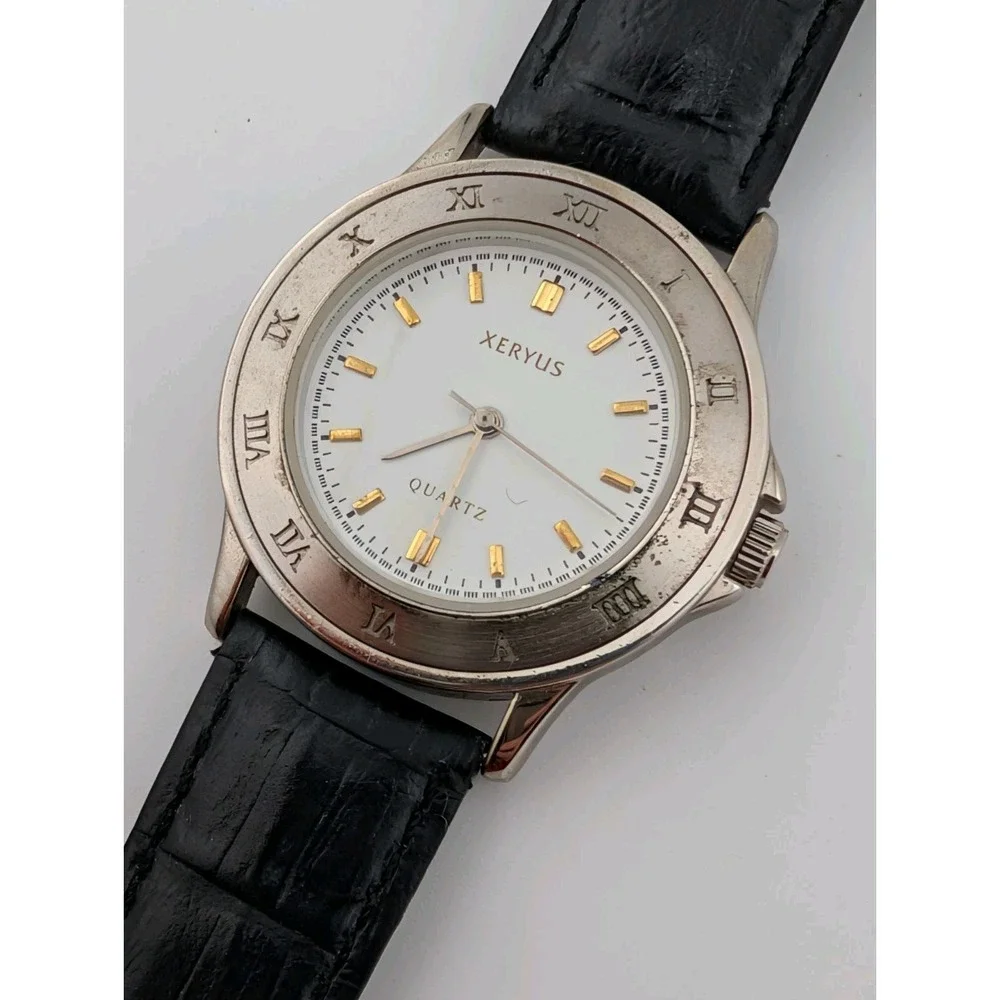 Vintage Xeryus Unisex Watch 34mm Silver Case Black Leather Band- New Battery